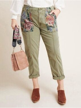 Anthropologie Olive Green Pants with Multicolor Floral Tapestry Accents